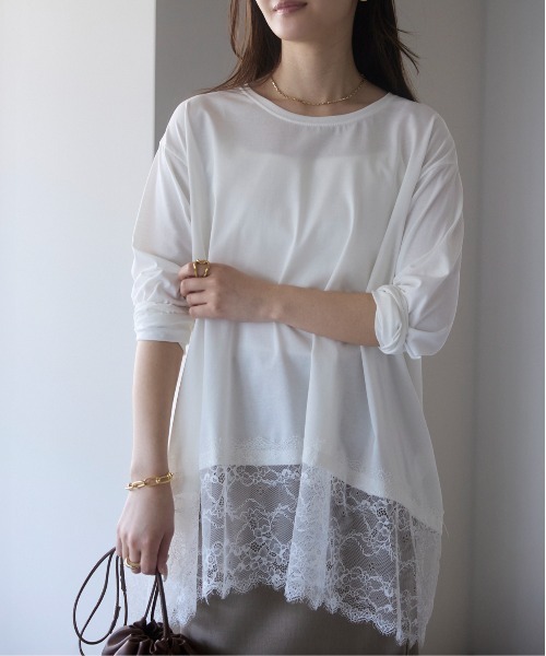 PREFERIR（プレフェリール）の「【体型カバー／レイヤード】裾レースロングカットソー プルオーバー（Tシャツ/カットソー・レディース・オフホワイト/ブラック・FREE）」の3枚目の写真