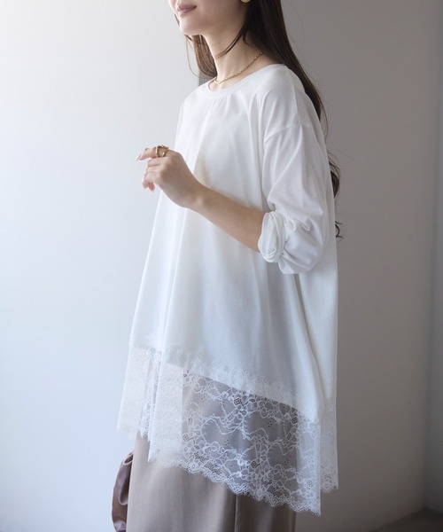 PREFERIR（プレフェリール）の「【体型カバー／レイヤード】裾レースロングカットソー プルオーバー（Tシャツ/カットソー・レディース・オフホワイト/ブラック・FREE）」の5枚目の写真