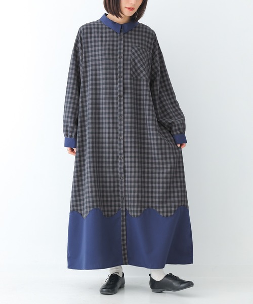 n'OrLABEL(ノアールレーベル)の「ウェーブ切替ギンガムチェックワンピース(シャツワンピース・レディース・ブラック/ネイビー・FREE)」の2枚目の写真