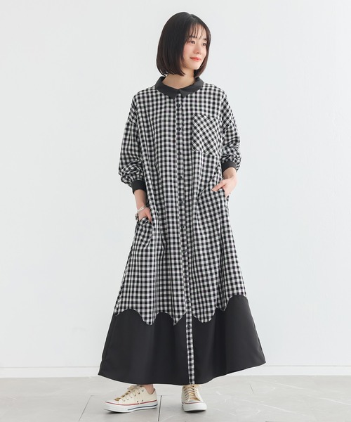 n'OrLABEL(ノアールレーベル)の「ウェーブ切替ギンガムチェックワンピース(シャツワンピース・レディース・ブラック/ネイビー・FREE)」の4枚目の写真