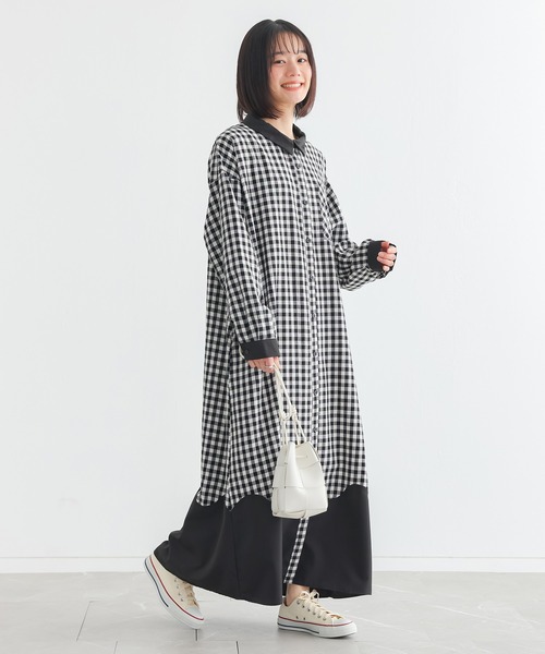 n'OrLABEL(ノアールレーベル)の「ウェーブ切替ギンガムチェックワンピース(シャツワンピース・レディース・ブラック/ネイビー・FREE)」の5枚目の写真