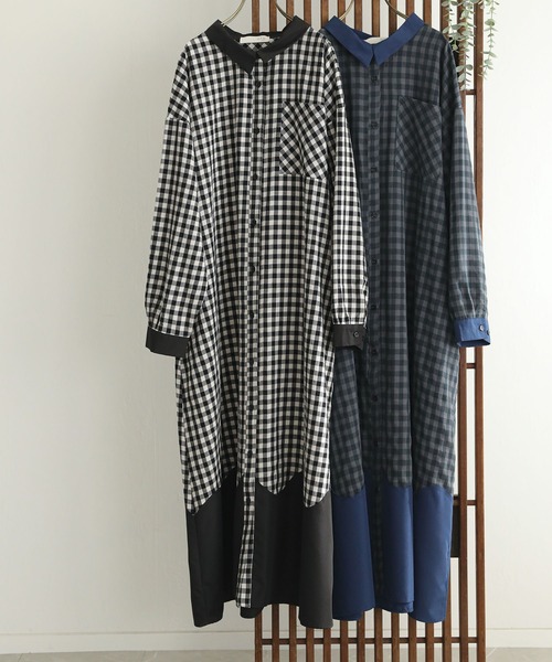 n'OrLABEL(ノアールレーベル)の「ウェーブ切替ギンガムチェックワンピース(シャツワンピース・レディース・ブラック/ネイビー・FREE)」の3枚目の写真