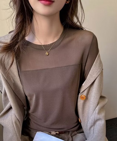 LAFFMO（ラフモ）の「クルーネックシアー切り替えトップス（Tシャツ/カットソー・レディース・ブラック/ブラウン・F）」の2枚目の写真