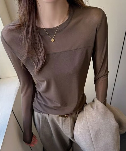 LAFFMO（ラフモ）の「クルーネックシアー切り替えトップス（Tシャツ/カットソー・レディース・ブラック/ブラウン・F）」の6枚目の写真
