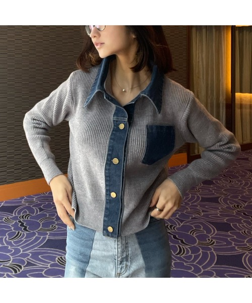 Human 2nd Occasion（ヒューマンセカンドオケージョン）の「デニム×リブニットトップス（ニット/セーター・レディース・ブラック/グレー・M/L）」の4枚目の写真