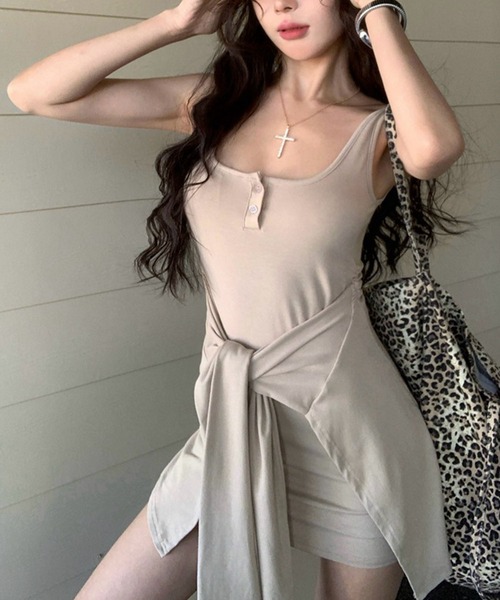 meJane(ミージェーン)の「ヘンリーネック ラップスカート風 ミニワンピース(ワンピース・レディース・ブラック/グレー/ベージュ・FREE)」の16枚目の写真
