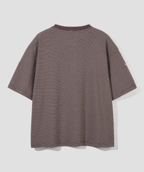 AGOD（エージーオーディー）の「ロールアップスナップヘンリーネックストライプハーフTシャツ[ブラウン]（Tシャツ/カットソー・レディース・その他・LARGE/SMALL/MEDIUM）」の5枚目の写真