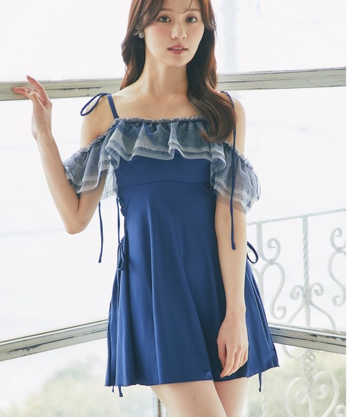 tocco closet　トッコクローゼット　水着　ブルー インナーパンツ付き2WAY仕様サイドレースアップミルフィーユ