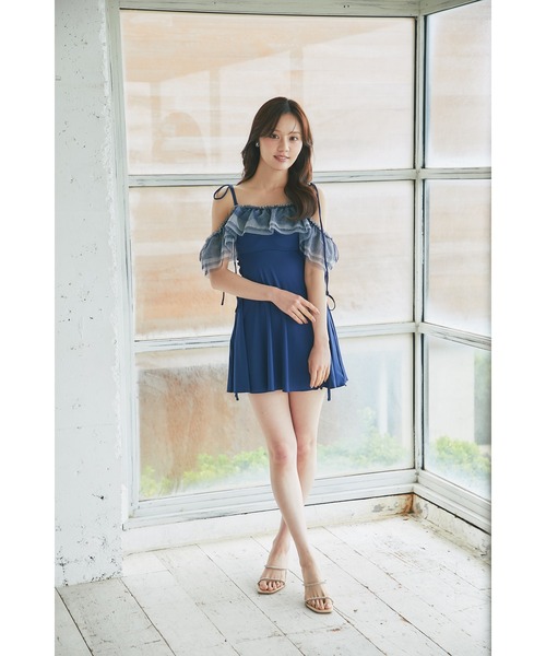 tocco closet　トッコクローゼット　水着　ブルー インナーパンツ付き2WAY仕様サイドレースアップミルフィーユ