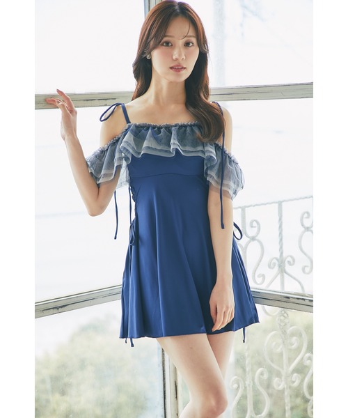 tocco closet　トッコクローゼット　水着　ブルー インナーパンツ付き2WAY仕様サイドレースアップミルフィーユ