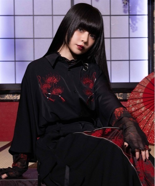 1/4ドール用オバケ袖シャツ 彼岸花【蒼紅】セット REZEN（リゼン）の「彼岸花刺繍半袖シャツ（シャツ/ブラウス）」 - WEAR