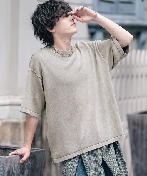 Rocky Monroe(ロッキーモンロー)の「オーバーサイズ ヴィンテージ加工クルーネック半袖サマーニットTシャツ(ニット/セーター・メンズ・チャコール/ベージュ/ワイン/ブラック・M/XL/L)」の1枚目の写真