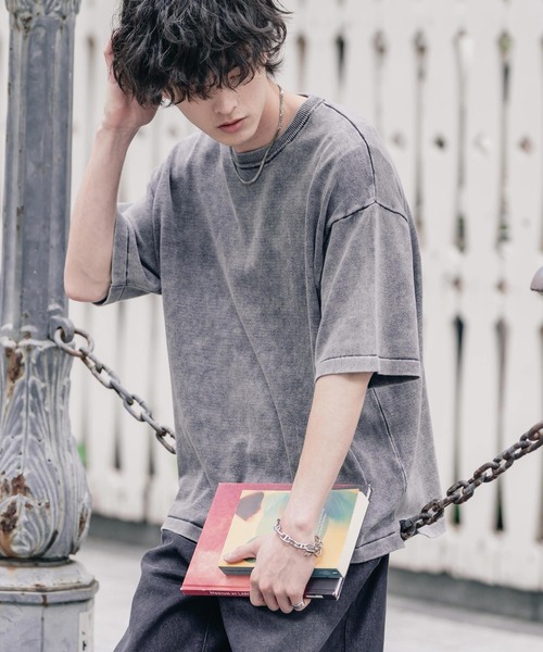 Rocky Monroe(ロッキーモンロー)の「オーバーサイズ ヴィンテージ加工クルーネック半袖サマーニットTシャツ(ニット/セーター・メンズ・チャコール/ベージュ/ワイン/ブラック・M/XL/L)」の6枚目の写真