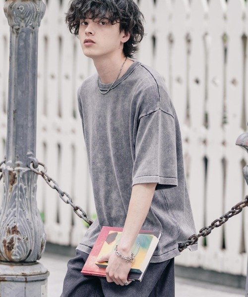Rocky Monroe(ロッキーモンロー)の「オーバーサイズ ヴィンテージ加工クルーネック半袖サマーニットTシャツ(ニット/セーター・メンズ・チャコール/ベージュ/ワイン/ブラック・M/XL/L)」の8枚目の写真