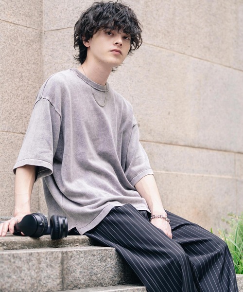 Rocky Monroe(ロッキーモンロー)の「オーバーサイズ ヴィンテージ加工クルーネック半袖サマーニットTシャツ(ニット/セーター・メンズ・チャコール/ベージュ/ワイン/ブラック・M/XL/L)」の16枚目の写真