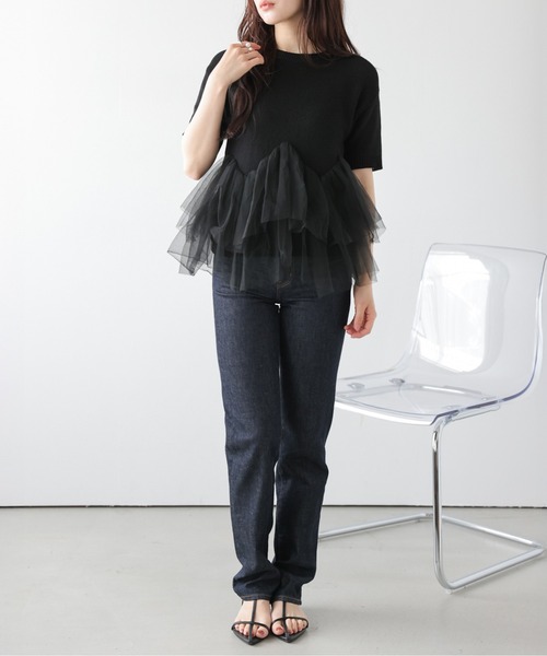 AMELY(エミリー)の「チュールフリル ドッキング ニットトップス/体系カバー/快適素材(ニット/セーター・レディース・ピンク/ベージュ/ブラック・フリー)」の10枚目の写真