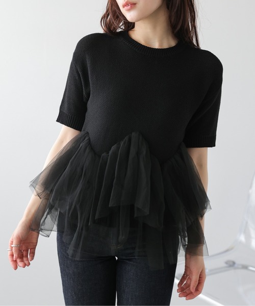 AMELY(エミリー)の「チュールフリル ドッキング ニットトップス/体系カバー/快適素材(ニット/セーター・レディース・ピンク/ベージュ/ブラック・フリー)」の11枚目の写真