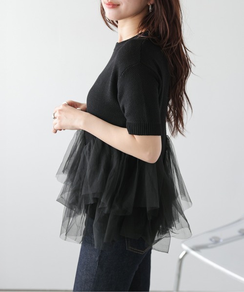 AMELY(エミリー)の「チュールフリル ドッキング ニットトップス/体系カバー/快適素材(ニット/セーター・レディース・ピンク/ベージュ/ブラック・フリー)」の12枚目の写真