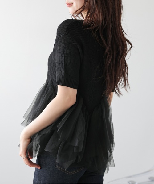 AMELY(エミリー)の「チュールフリル ドッキング ニットトップス/体系カバー/快適素材(ニット/セーター・レディース・ピンク/ベージュ/ブラック・フリー)」の13枚目の写真