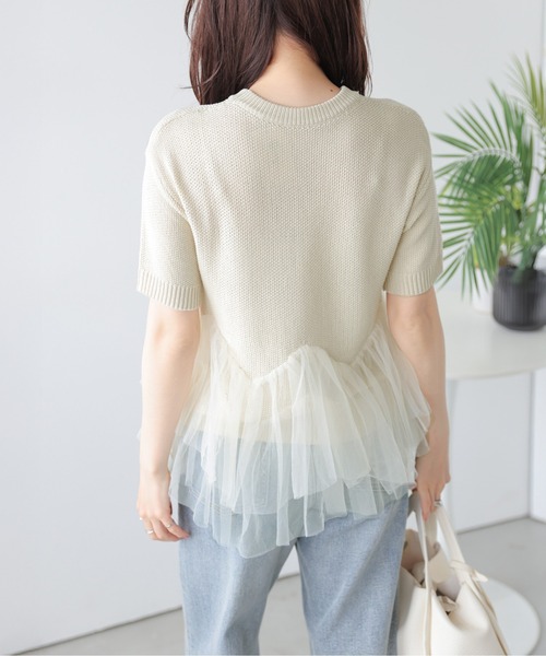 AMELY(エミリー)の「チュールフリル ドッキング ニットトップス/体系カバー/快適素材(ニット/セーター・レディース・ピンク/ベージュ/ブラック・フリー)」の14枚目の写真