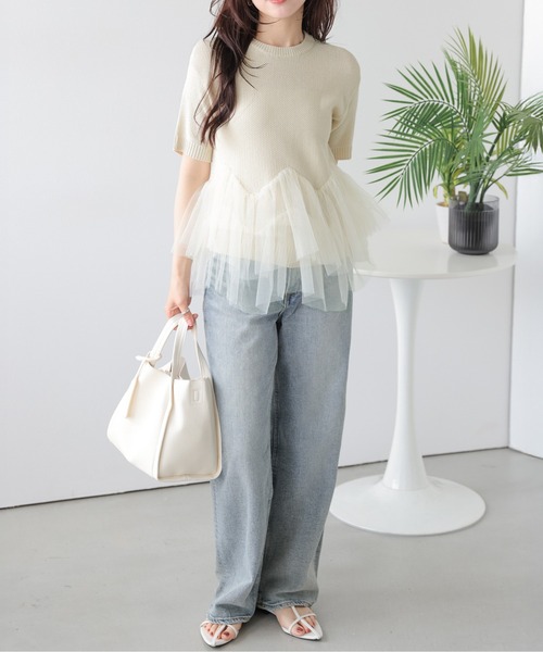 AMELY(エミリー)の「チュールフリル ドッキング ニットトップス/体系カバー/快適素材(ニット/セーター・レディース・ピンク/ベージュ/ブラック・フリー)」の15枚目の写真
