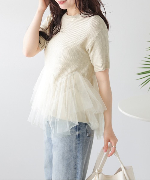 AMELY(エミリー)の「チュールフリル ドッキング ニットトップス/体系カバー/快適素材(ニット/セーター・レディース・ピンク/ベージュ/ブラック・フリー)」の16枚目の写真