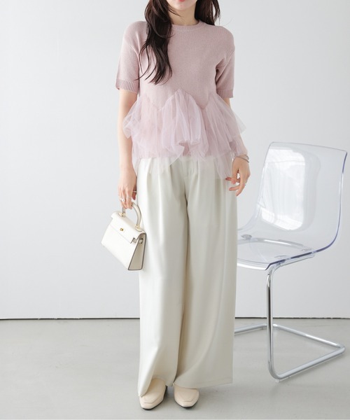 AMELY(エミリー)の「チュールフリル ドッキング ニットトップス/体系カバー/快適素材(ニット/セーター・レディース・ピンク/ベージュ/ブラック・フリー)」の18枚目の写真