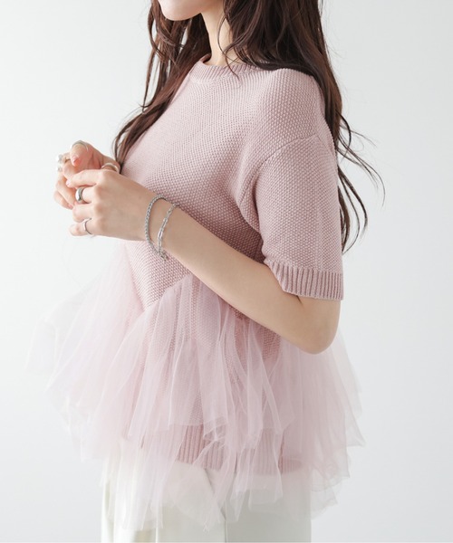 AMELY(エミリー)の「チュールフリル ドッキング ニットトップス/体系カバー/快適素材(ニット/セーター・レディース・ピンク/ベージュ/ブラック・フリー)」の19枚目の写真