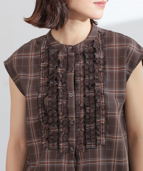 GLACIER lusso(グラシアルッソ)の「チェック柄フリルブラウス(シャツ/ブラウス・レディース・ブラウン系1/ネイビー系1・L/LL/M/S)」の18枚目の写真