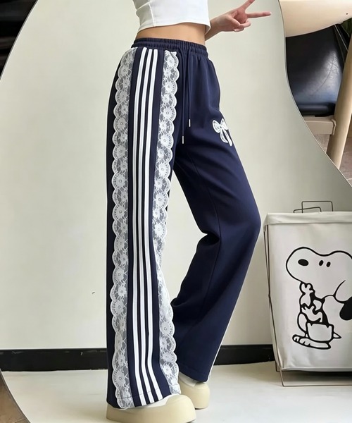 SHOUYO(ショウヨウ)の「【2color】サイドレース×リボン刺繍ラインワイドスウェットパンツ / 韓国バレエコアボトム(その他パンツ・レディース・ブラック/ネイビー・M)」の7枚目の写真