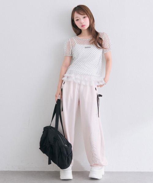OLIVE des OLIVE（オリーブデオリーブ）の「アイレットリボンバレルレッグパンツ（スウェットパンツ・レディース・グレー/ピンク/ブラック・FREE）」の7枚目の写真