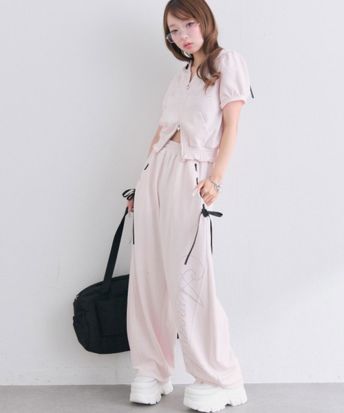 OLIVE des OLIVE（オリーブデオリーブ）の「アイレットリボンバレルレッグパンツ（スウェットパンツ・レディース・グレー/ピンク/ブラック・FREE）」の10枚目の写真