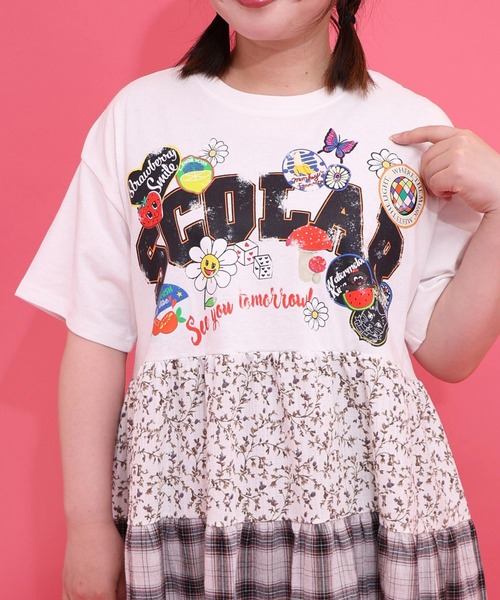 ScoLar(スカラー)の「ScoLar(スカラー) ポップロゴ×チェック×花柄 異素材切替ワンピース(ワンピース・レディース・オフホワイト/ブラック・MEDIUM)」の4枚目の写真