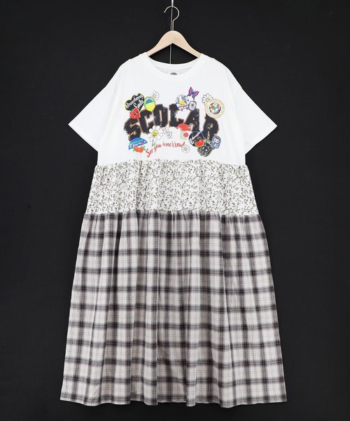 ScoLar(スカラー)の「ScoLar(スカラー) ポップロゴ×チェック×花柄 異素材切替ワンピース(ワンピース・レディース・オフホワイト/ブラック・MEDIUM)」の7枚目の写真
