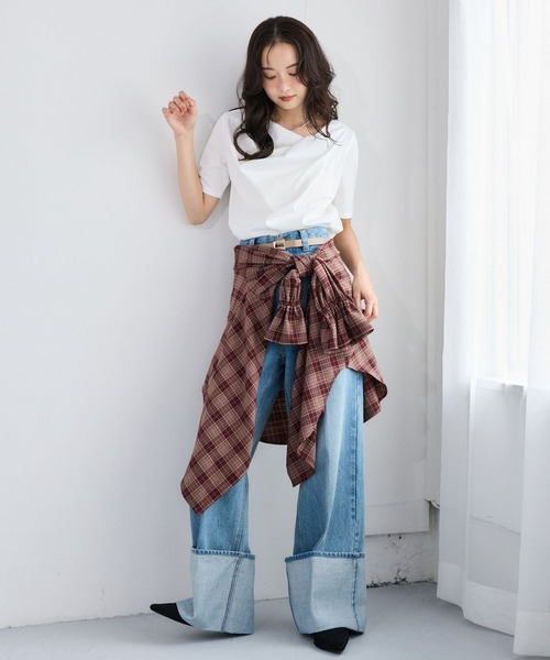 mysty woman(ミスティウーマン)の「ドレープカットソー半袖 1049038(Tシャツ/カットソー・レディース・ホワイト系その他/ブラウン/オフホワイト・FREE)」の17枚目の写真