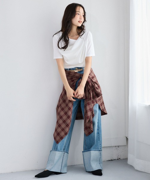 mysty woman(ミスティウーマン)の「ドレープカットソー半袖 1049038(Tシャツ/カットソー・レディース・ホワイト系その他/ブラウン/オフホワイト・FREE)」の18枚目の写真