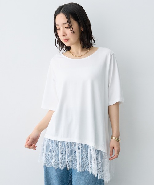 anyfee(エニフィー)の「【anyfee×HINAコラボ】アシンメトリー裾レースTシャツ《大きいサイズ》(2026SS)(Tシャツ/カットソー・レディース・ブルー/ブラック/オフホワイト・5L/4L/3L/LL)」の2枚目の写真