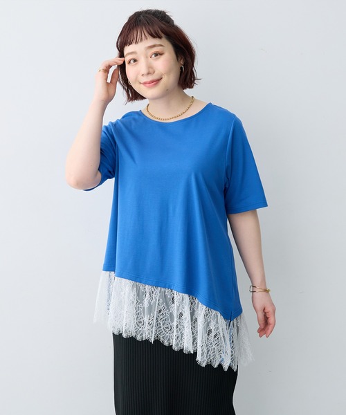 anyfee(エニフィー)の「【anyfee×HINAコラボ】アシンメトリー裾レースTシャツ《大きいサイズ》(2026SS)(Tシャツ/カットソー・レディース・ブルー/ブラック/オフホワイト・5L/4L/3L/LL)」の4枚目の写真