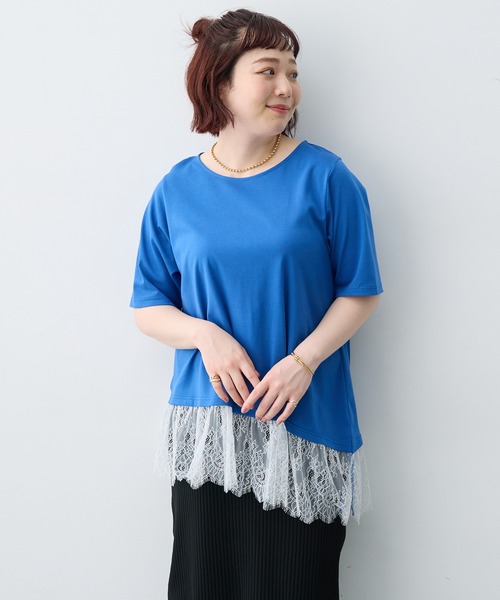 anyfee(エニフィー)の「【anyfee×HINAコラボ】アシンメトリー裾レースTシャツ《大きいサイズ》(2026SS)(Tシャツ/カットソー・レディース・ブルー/ブラック/オフホワイト・5L/4L/3L/LL)」の7枚目の写真
