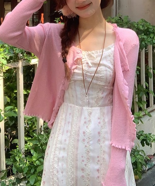 HALEY PESCA(ヘーリーペスカ)の「HALEY PESCA/パステルカラー メロウフリル シアーリブカーディガン(カーディガン/ボレロ・レディース・グリーン/イエロー/ピンク/ブラック/ライトブルー・FREE)」の5枚目の写真