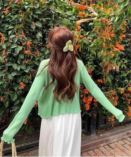HALEY PESCA(ヘーリーペスカ)の「HALEY PESCA/パステルカラー メロウフリル シアーリブカーディガン(カーディガン/ボレロ・レディース・グリーン/イエロー/ピンク/ブラック/ライトブルー・FREE)」の10枚目の写真