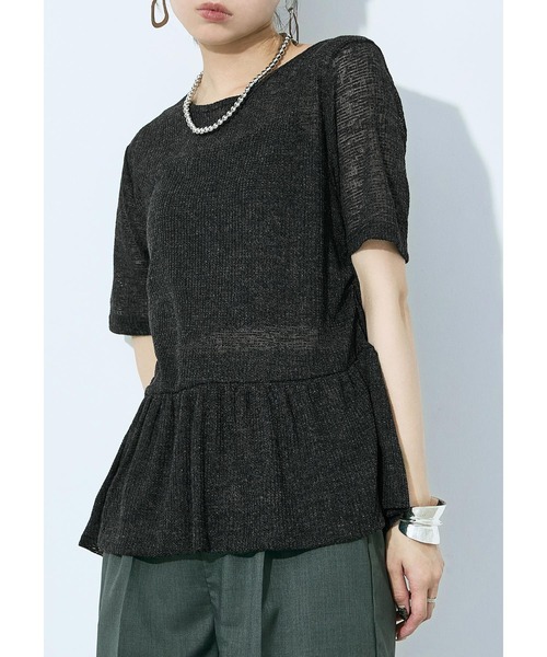 Fashion Letter（ファッションレター）の「リネンミックス シアーワッフル フレアヘムトップス（Tシャツ/カットソー・レディース・グレイッシュベージュ/チャコール/ブラック・M）」の2枚目の写真