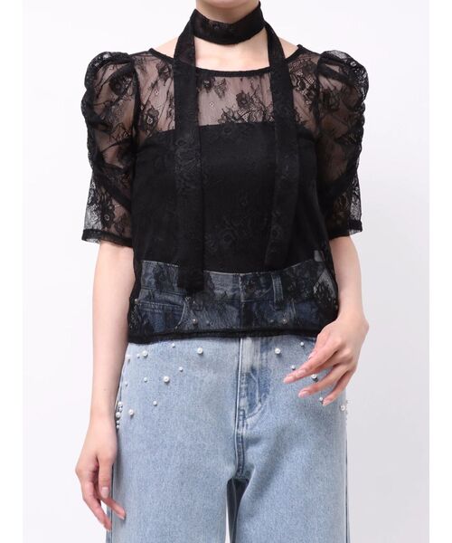MERCURYDUO(マーキュリーデュオ)の「レーストップス(Tシャツ/カットソー・レディース・ブラック/オフホワイト・FREE)」の2枚目の写真