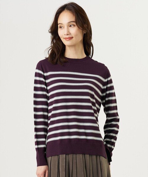 J.PRESS(ジェイプレス)の「SILKY WOOL ボーダー ニット(ニット/セーター・レディース・ベージュ系1/パープル系1・LARGE/MEDIUM)」の1枚目の写真
