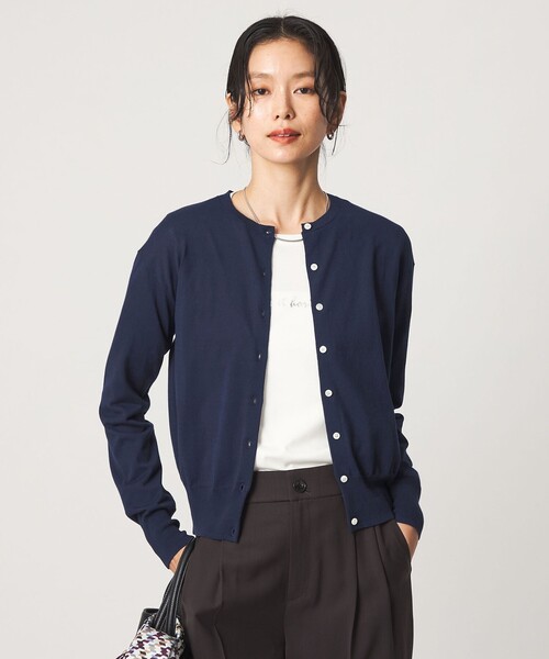 green label relaxing(グリーンレーベルリラクシング)の「<1_OF MINE>クルーネック ニット カーディガン マシンウォッシャブル(カーディガン/ボレロ・レディース・ネイビー/ホワイト・FREE)」の1枚目の写真