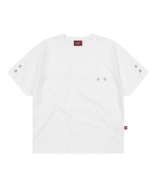 S'EST(エスイーエスティー)の「Eyelet Tab-Detail Crop T-shirts White(Tシャツ/カットソー・メンズ・ホワイト・MEDIUM)」の1枚目の写真