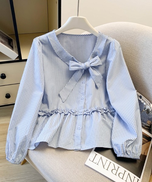LUCPY(ラクピー)の「ギンガムチェックリボンペプラムブラウス(シャツ/ブラウス・レディース・ライトブルー/ブラウン/ブルー・SMALL/X-LARGE/LARGE/MEDIUM)」の2枚目の写真