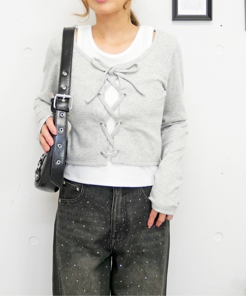 FUN(ファン)の「フェイクレイヤードプルオーバー(Tシャツ/カットソー・レディース・グレー/ブラウン/ブラック・FREE)」の2枚目の写真