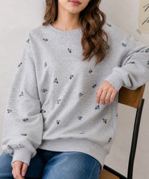 小花柄刺繍 オーバーサイズ 裏起毛スウェットプルオーバー