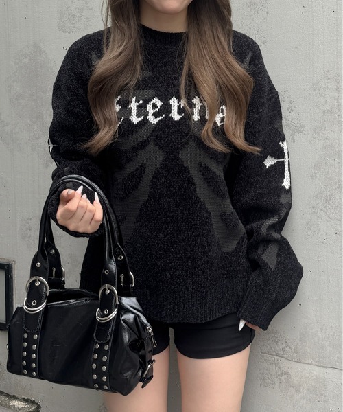 lilful(リルフル)の「モールジャガード ボーンモチーフニット プルオーバー(ニット/セーター・メンズ・ブラック/アイボリー・L/M)」の4枚目の写真